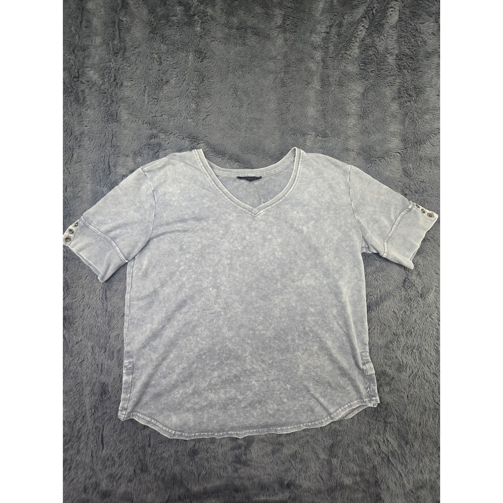 Jane + Delancey Grey‎ Blue Acid Wash V-Neck Short Sleeve Top Large Button Detail